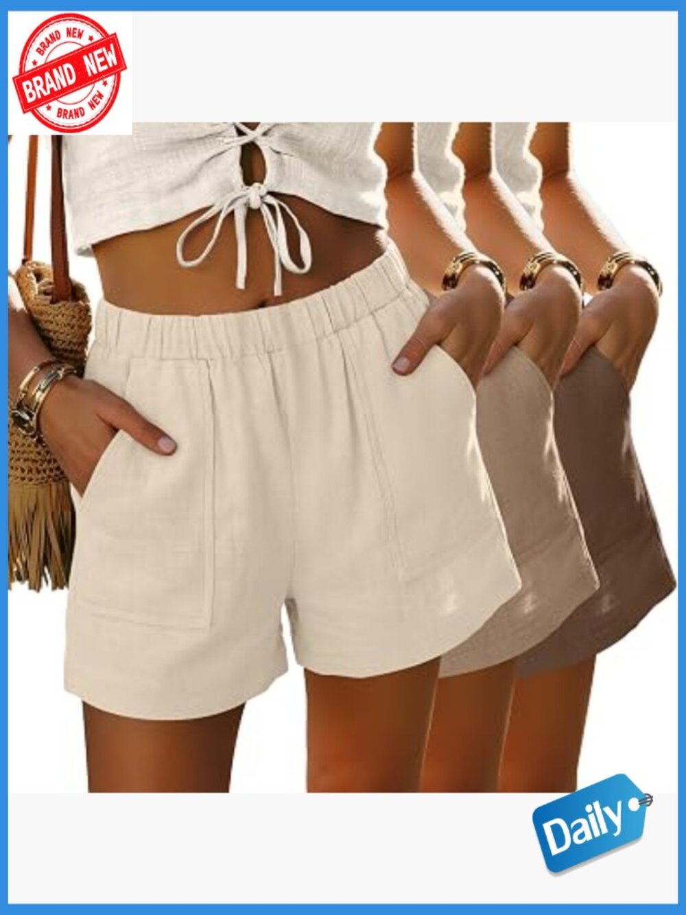 Linen High Rise Shorts with Pockets 3 Pack Casual Summer